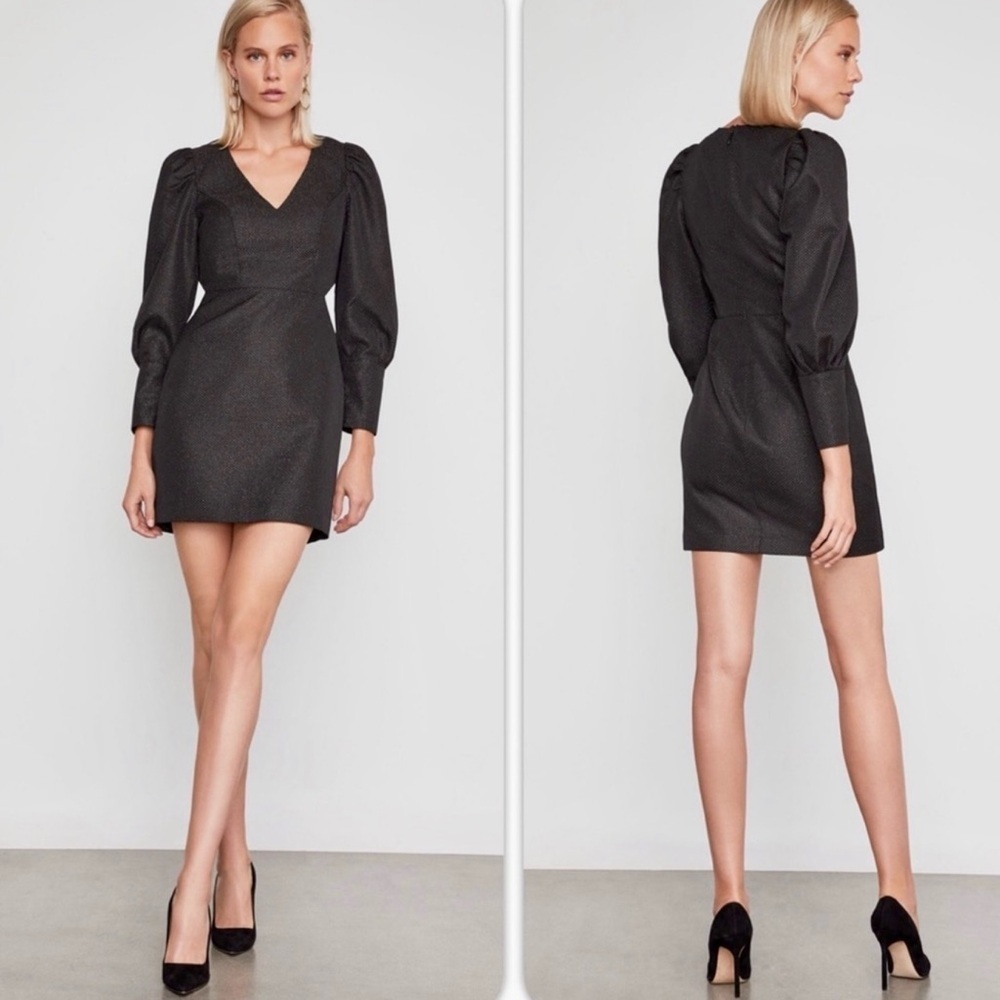 BCBGMAXAZRIA Metallic Puff Sleeve Sheath Jacquard V Neck Cocktail Mini Dress NEW
